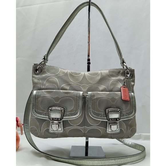 Coach Poppy Signature Gray Canvas Pushlock Pockets Zipper Crossbody Bag - Picture 1 of 16